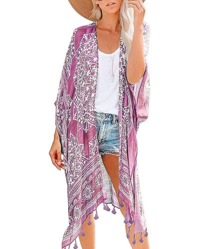 HIKARO Cardigan Donna Kimono Copertura Floreale Spiaggia Copricostume Bikini da Spiaggia - Rosso