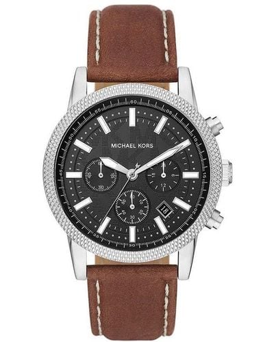 Michael Kors Hutton Stainless Steel Quartz Watch with Leather Strap - Braun
