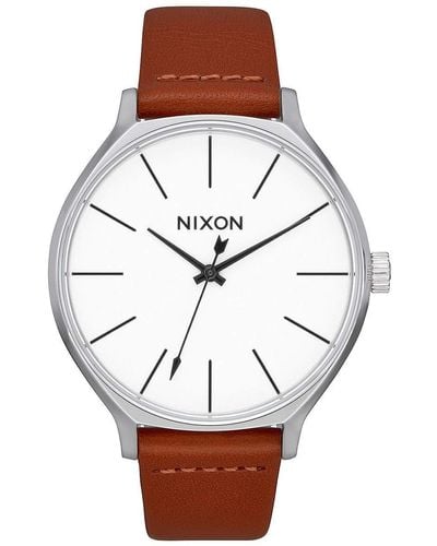 Nixon The Clique Leather Strap Watch - Brown