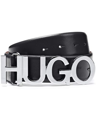 HUGO Gürtel aus strukturiertem Leder mit Logo-Schließe aus poliertem Metall - Schwarz