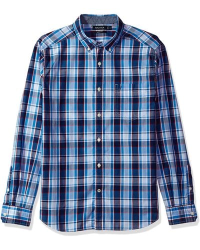 Nautica Long Sleeve Large Plaid Shirt Button Down Hemd - Blau