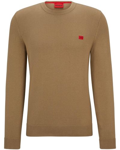 HUGO S San Cassius-c1 Organic-cotton Jumper With Red Logo Label - Brown