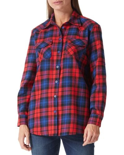 FIND Casual Rolled Up Long Sleeve Plaid Shirts Button Down Blouse Tops - Red