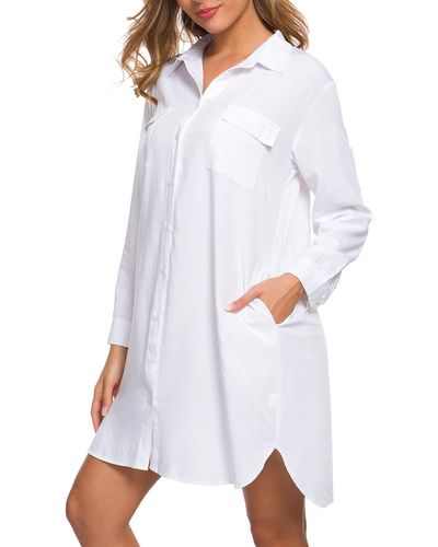 FIND Amazon Brand– Casual Button V Neck Shirt Dress Long Sleeve Loose Blouse Dresses with Pockets - Bianco