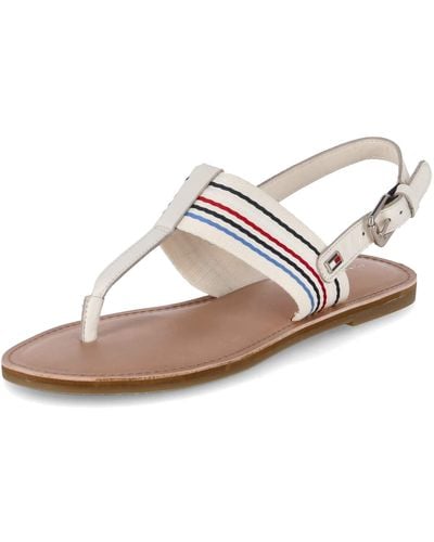 Tommy Hilfiger Toe Separator Sandals Flat Sandals Stripes Beige Smooth Leather Textile - White