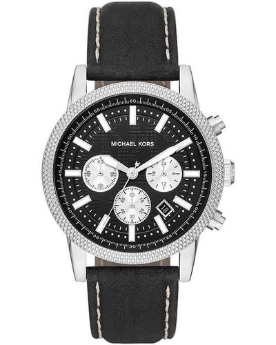 Michael Kors Hutton Stainless Steel Quartz Watch with Leather Strap - Mettallic