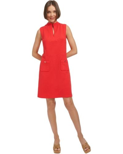 Tommy Hilfiger Sleeveless Split Neck Solid Jacquard Knit Dress - Red
