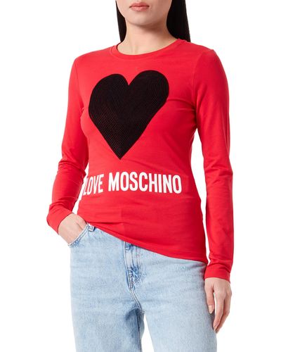 Love Moschino Tight-fit Long-Sleeved Maxi Heart with Embroidered Flock Sequins and Water Print Logo T-Shirt - Rot