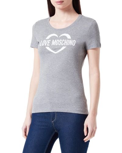 Love Moschino Tight-Fit Short Sleeved with Heart Holographic Print T-Shirt - Grigio