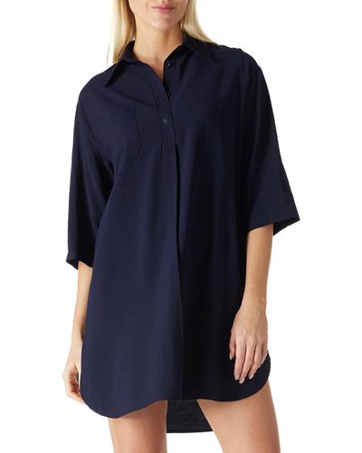 FIND Vestito T-Shirt Donna con Scollo a V Stile Blusa Oversize Comodo iche a 3/4 e Bottoni Lungo Blu Navy