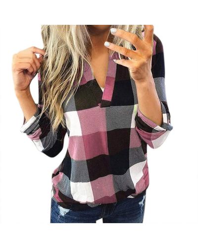 Superdry Lalaluka Checked Shirt Fashion Checked Print Stand-up Collar Blouse Long Sleeve Tops Shirt Blouse Urban Style Casual Shirt - Pink