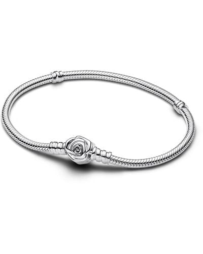 PANDORA Moments Rose In Bloom Clasp Snake Chain Bracelet - Metallic