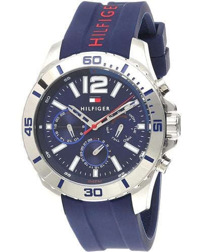 Tommy Hilfiger Stainless Steel Quartz Watch With Leather Calfskin Strap, Blue, 22 (model: 1791346)