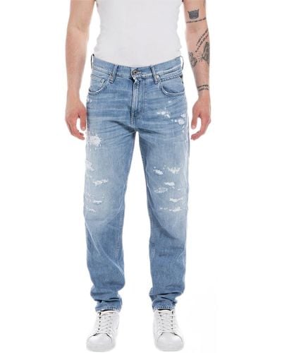 Replay Jeans Uomo Sandot Tapered Fit Aged in Cotone Bio - Blu