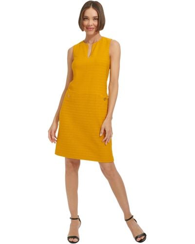 Tommy Hilfiger Sleeveless Split Neck Solid Jacquard Knit Dress Casual Night - Yellow