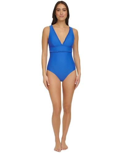 Tommy Hilfiger Micro Ruffle Over The Shoulder Everyday Basic One Piece Swimsuit - Blue