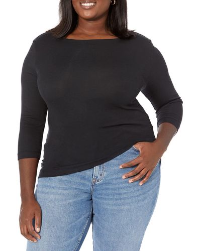 Amazon Essentials Camiseta Lisa y Entallada de ga 3/4 con Escote Barco Mujer - Negro