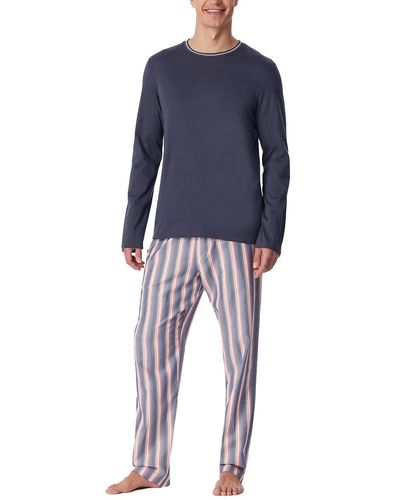 Schiesser Schlafanzug lang Rundhals mit Webhose-Merzerisierte Baumwolle Pyjamaset - Blau