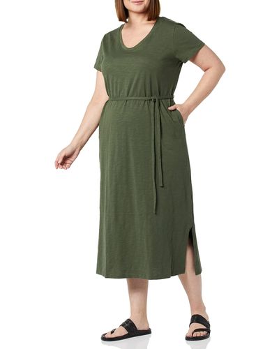 Amazon Essentials Short Sleeve Belted Midi T-shirt Dress - Green
