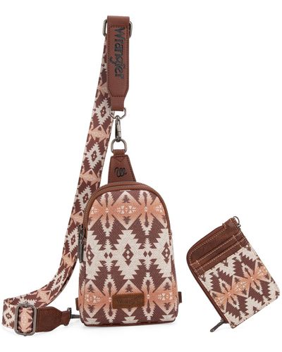 Wrangler Aztec Crossbody Sling Bags For Wallet Set - Brown