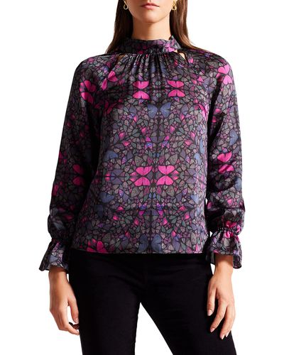 Ted Baker Heiydii High Neck Long Sleeve Blouse With Cutout - Purple