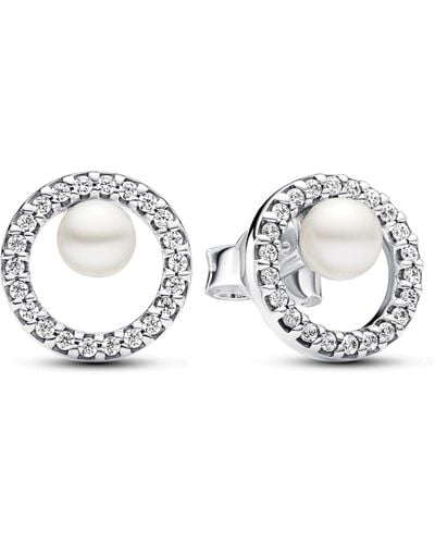 PANDORA Timeless Sterling Silver Stud Earrings With White Treated Freshwater Cultured Pearl And Clear Cubic Zirconia - Metallic