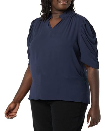 Amazon Essentials Lightweight Georgette Half-sleeve Ruffle Neck Woven Blouse - Blue
