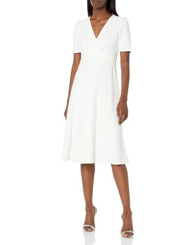 Tommy Hilfiger Scuba Crepe Structured Short Puff Sleeve Dress - White