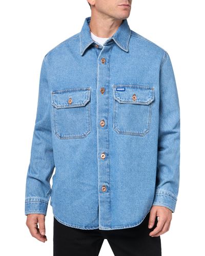 HUGO Big Front Pocket Denim Button Down Shirt - Blue
