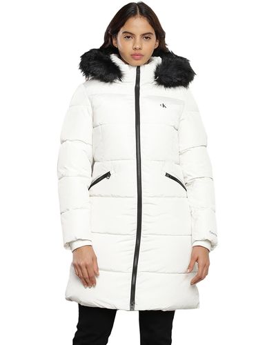Calvin Klein Coat Faux Fur Hooded Fitted Long Winter - White