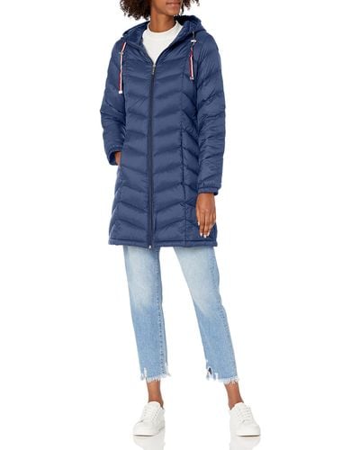 Tommy Hilfiger Mid-length Puffer Hooded Down Jacket With Drawstring Packing Bag - Blue