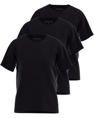 Tom Tailor 3er Pack Basic T-Shirt mit Rundhals aus Baumwolle - Schwarz
