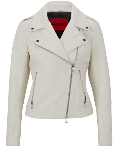 HUGO Leather Regular-fit Biker Jacket With Asymmetric Zip - White