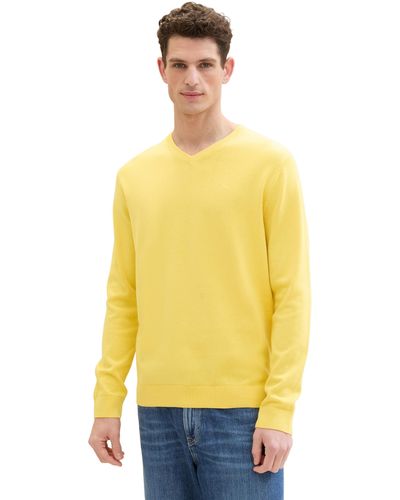 Tom Tailor Basic Pullover mit V-Ausschnitt aus Baumwolle - Gelb