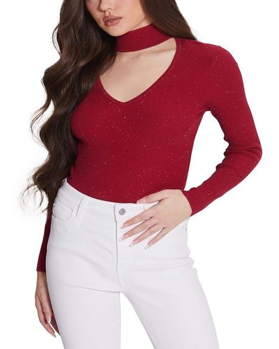 Guess Long Sleeve Micro Sequin Rib Lea Sweater - Red