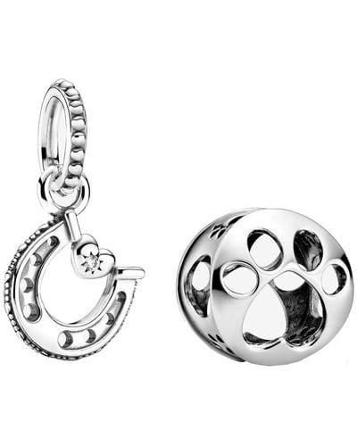 PANDORA Lucky Horseshoe Pendant + Open Dog Paw Pendant Sterling Silver With Cz Stone Set799157c01+798869c00 One Size Fits All Sterling - Metallic