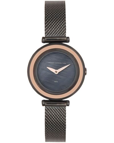 French Connection S Watch With Black Dial And Gunmetal Grey Mesh Strap - Multicolour