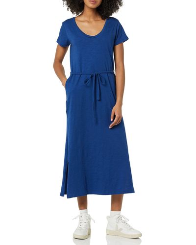 Amazon Essentials Vestido Midi Estilo Camiseta con cinturón y de ga Corta Mujer - Azul