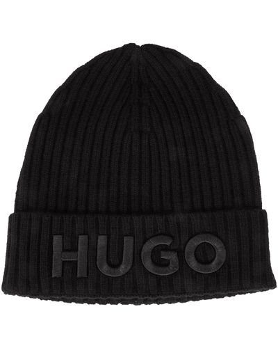 HUGO S -x565-3 Embroidered-logo Beanie Hat In Virgin Wool - Black