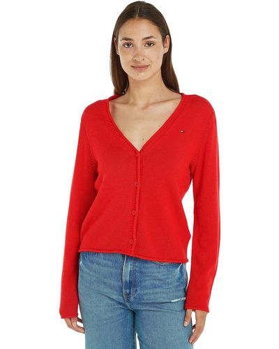 Tommy Hilfiger Mujer Chaqueta de punto Cárdigan Soft Wool V-Neck con botones - Rojo