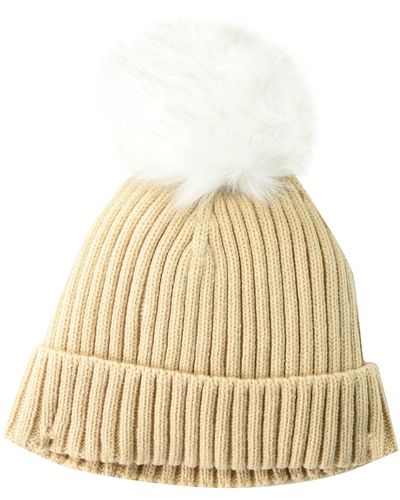 Amazon Essentials Ribbed Beanie With Faux Fur Pom - Natural