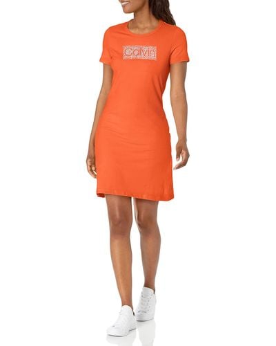 Calvin Klein Elegant Short Sleeve Logo Essential T-shirt Dress - Orange