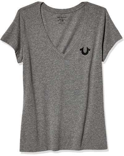 True Religion Crystal Horseshoe Short Sleeve Deep V Neck Tee T-Shirt - Grau