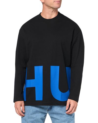 HUGO Block Letter Logo Long Sleeve Cotton Shirt T - Blue