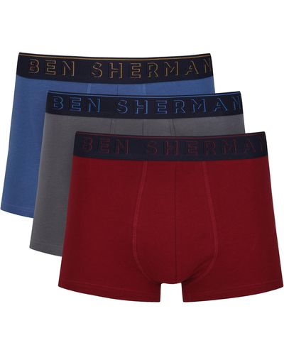 Ben Sherman Boxer Shorts in Red/Grey/Blue | Cotton Trunks with Elasticated Waistband - Rouge