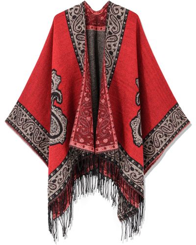 HIKARO Winter Poncho Cape Schal Retro Stil Bohemia Gedruckt Quaste Wrap Schal Strickjacken Frauengeschenk für Weihnachten - Rot
