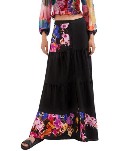 Desigual Viscose Buttoned Floral Skirt - Black