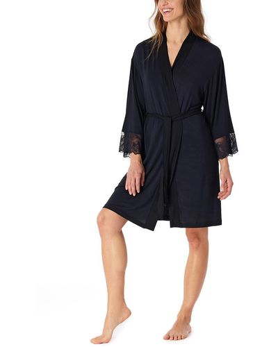 Schiesser Kimono mit Spitze 90cm Länge-Sensual Premium Bademantel - Blau