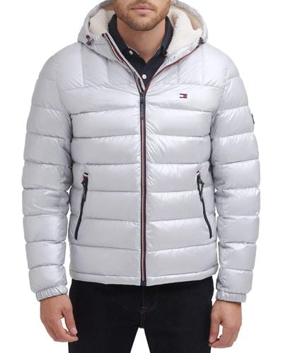 Tommy Hilfiger Midweight Sherpa Lined Hooded Water Resistant Puffer Jacket - Gray