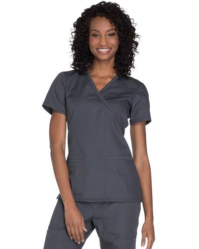 CHEROKEE Womens Workwear Core Stretch Mock Wrap Shirt Medical Scrubs - Blue